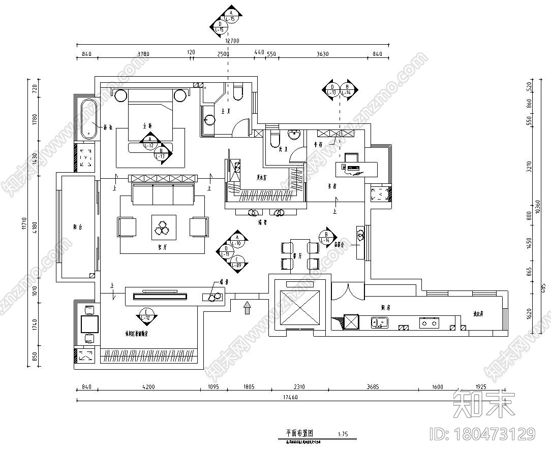 北欧工业风平层住宅-三室两厅装修施工图cad施工图下载【ID:180473129】