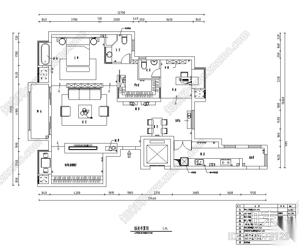 北欧工业风平层住宅-三室两厅装修施工图cad施工图下载【ID:180473129】