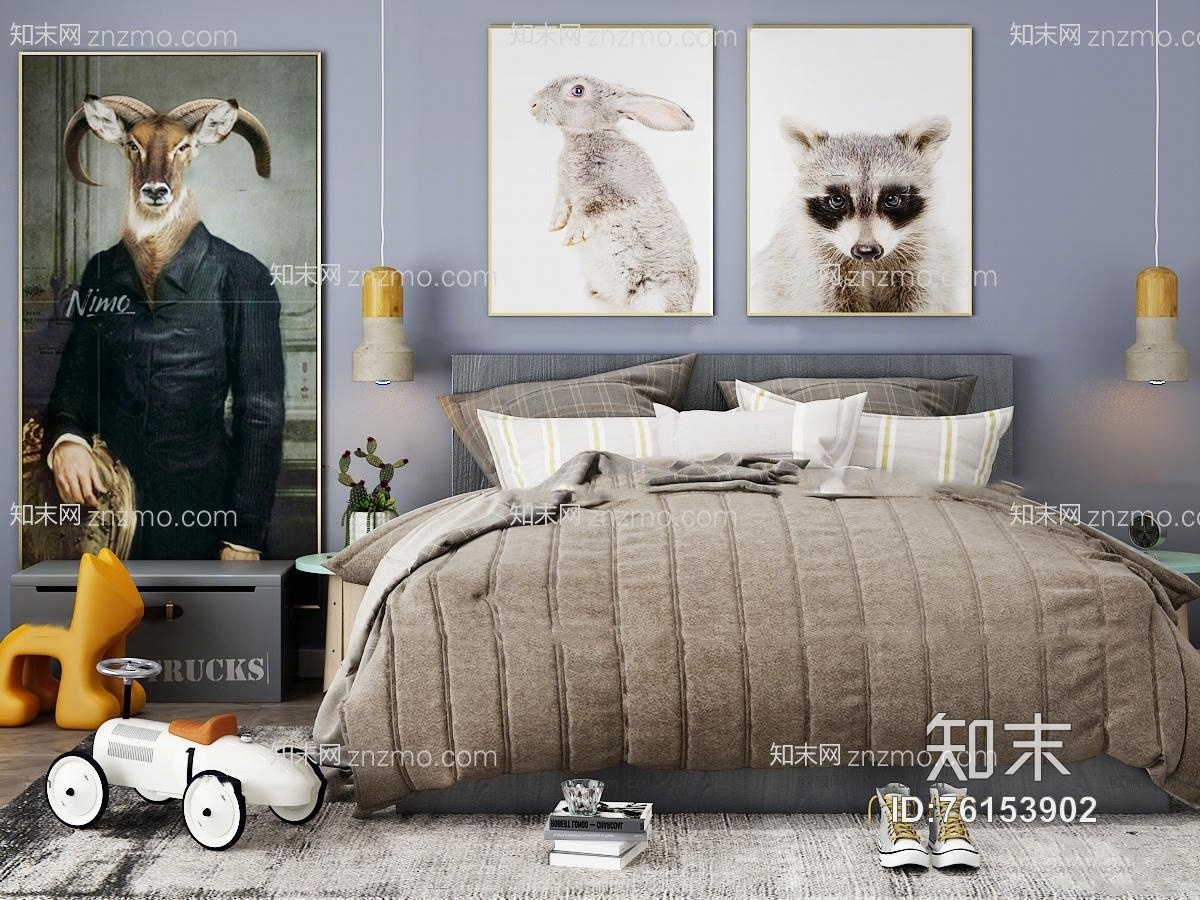 北欧双人床装饰画玩具组合3D模型下载【ID:76153902】