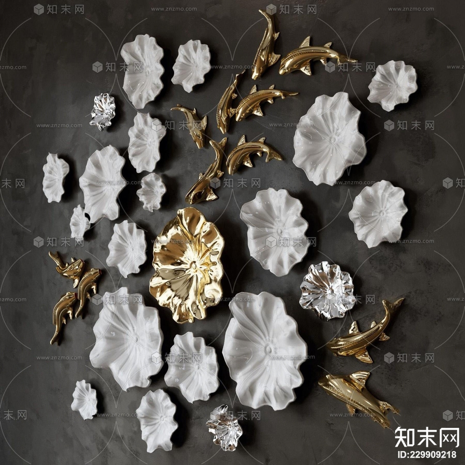 现代荷叶鱼墙面装饰挂件3D模型下载【ID:229909218】