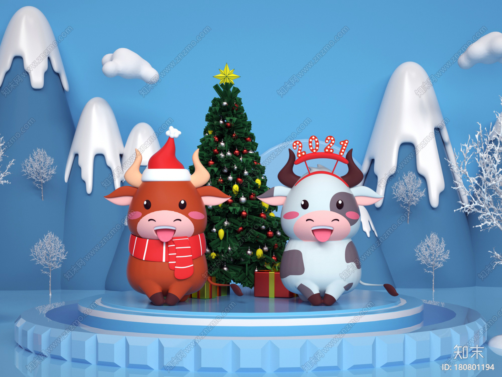 C4D可爱圣诞牛和花奶牛IP（OC）CG模型下载【ID:180801194】
