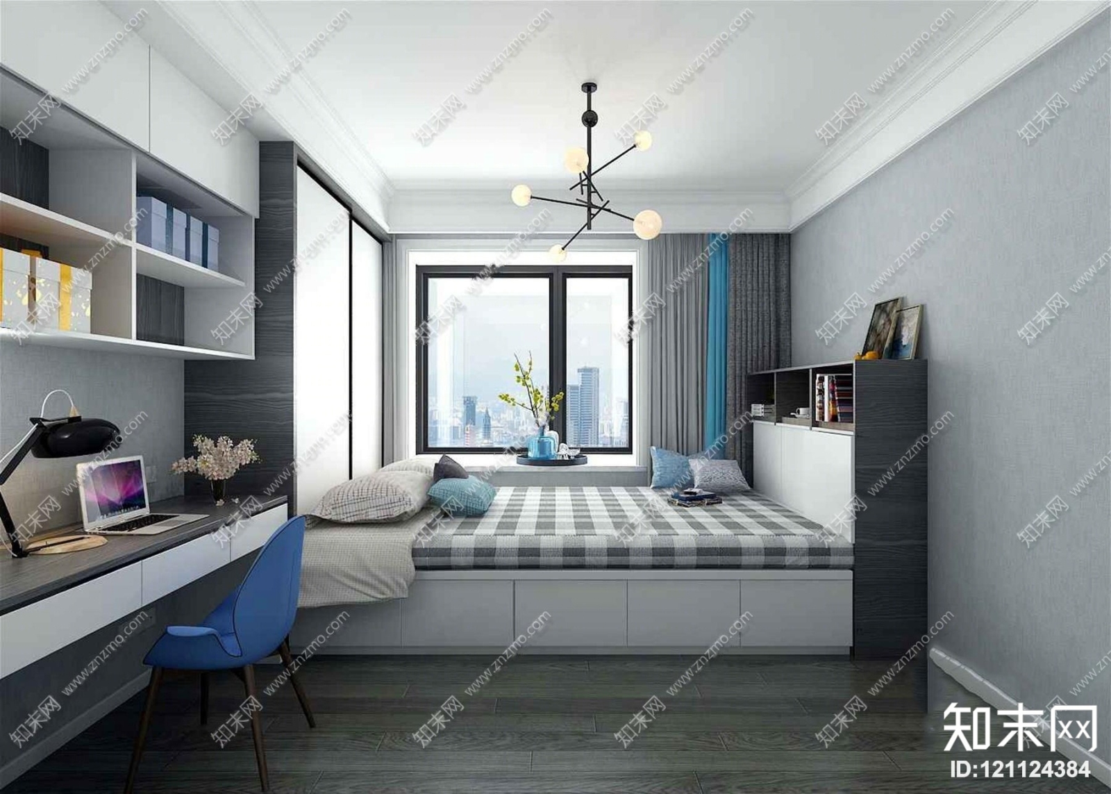 北欧榻榻米卧室双人床3D模型下载【ID:121124384】