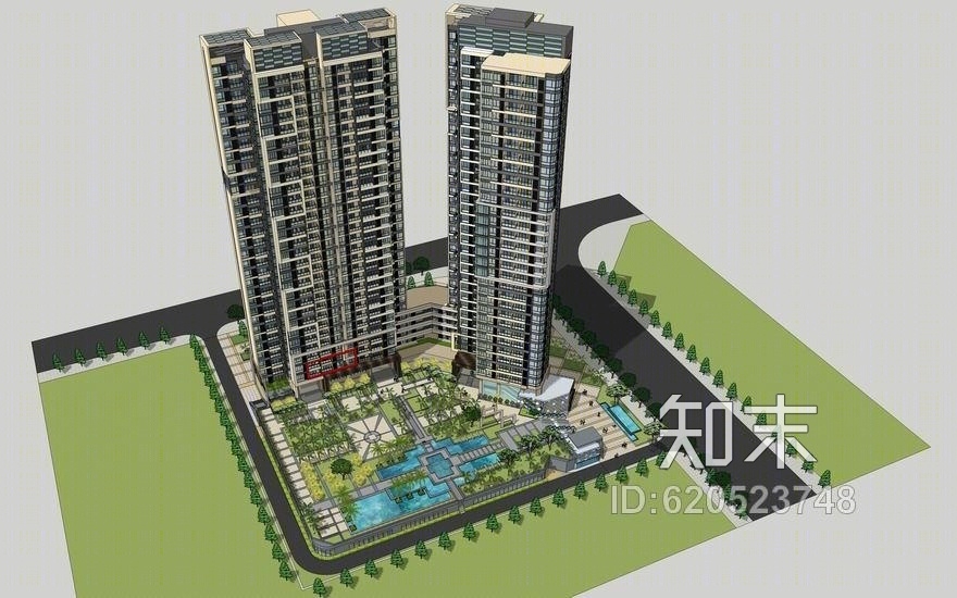 现代高层小区景观SU模型下载【ID:620523748】