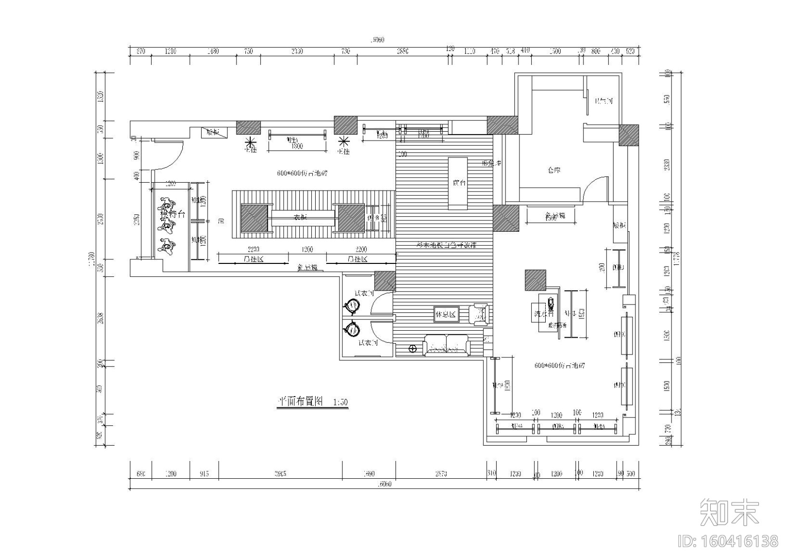 160平方XY日韩风格服装店施工图_附效果图施工图下载【ID:160416138】