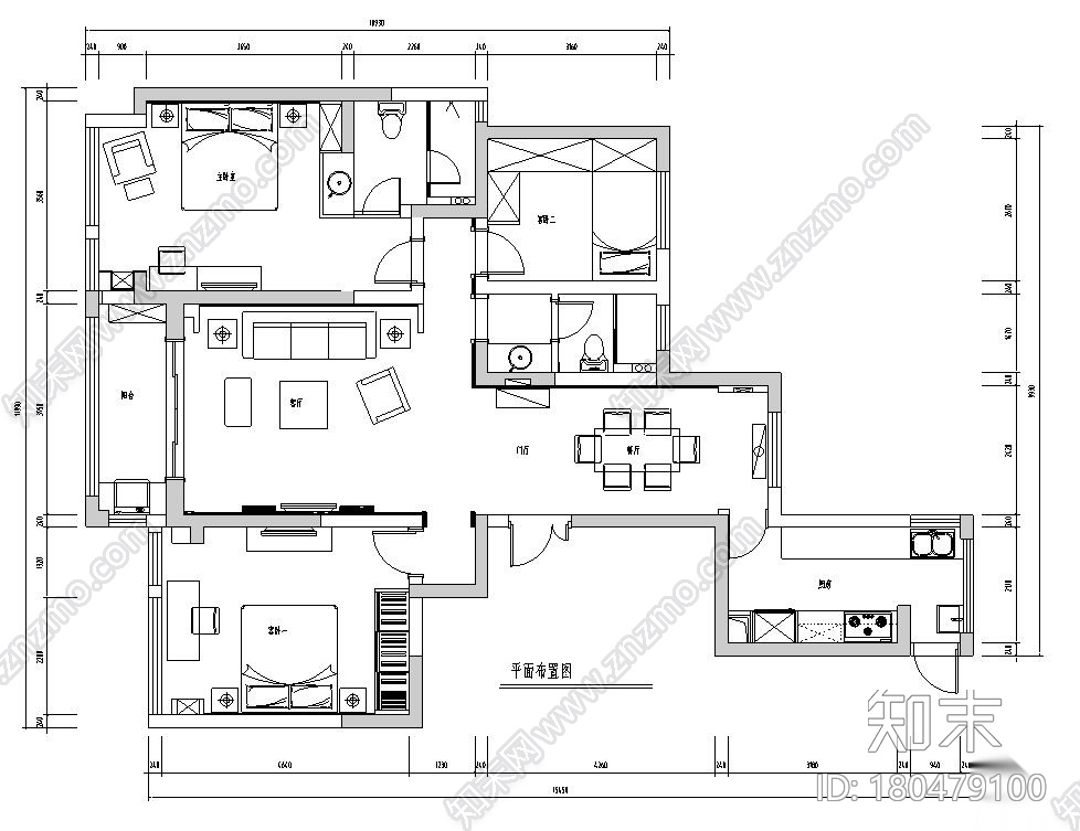 145㎡现代奢华三房两厅公寓房装修施工图cad施工图下载【ID:180479100】