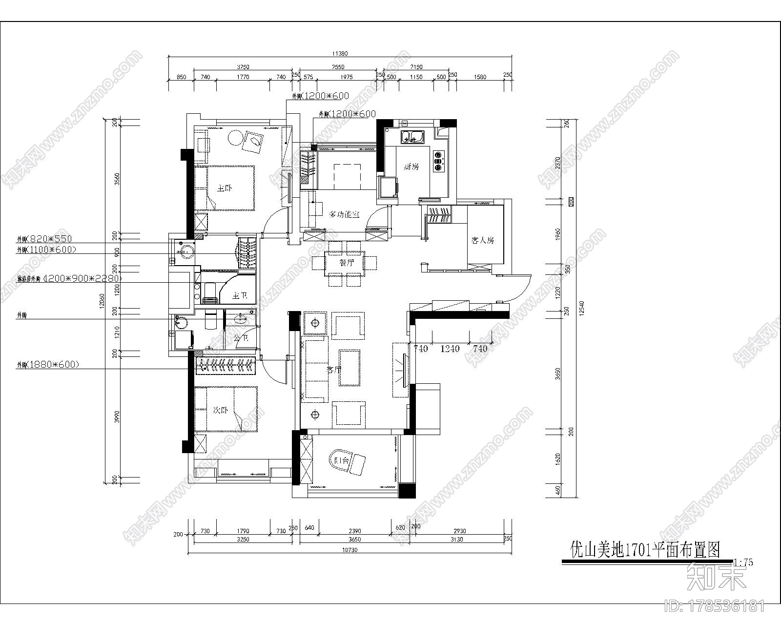 [北京]简约温馨三室三厅室内设计CAD施工图施工图下载【ID:178535177】