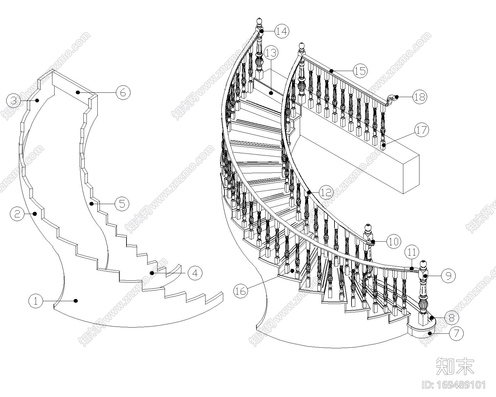 弧形实木楼梯CAD图施工图下载【ID:169489101】