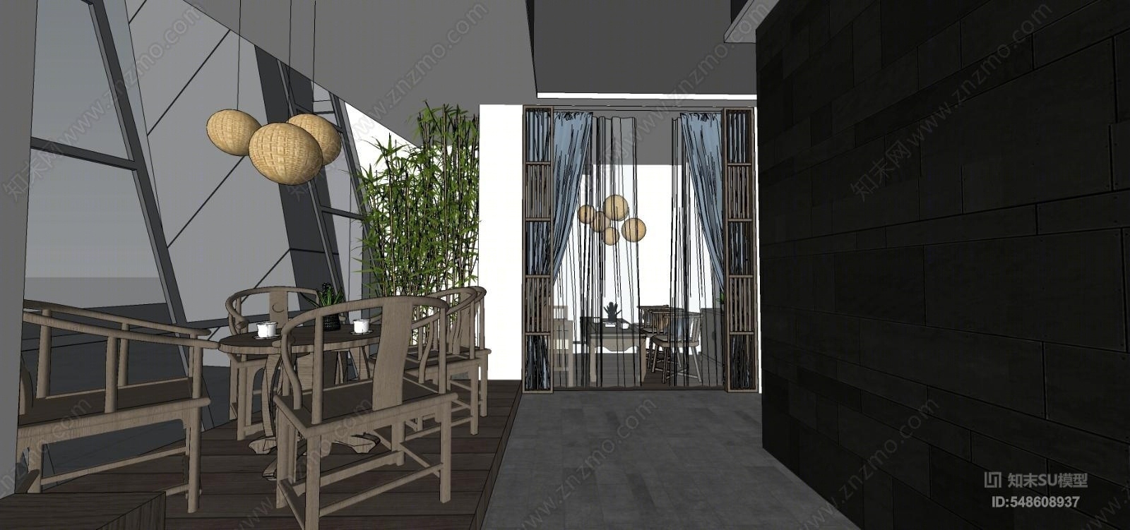 新中式风格茶会所SU模型下载【ID:548608937】