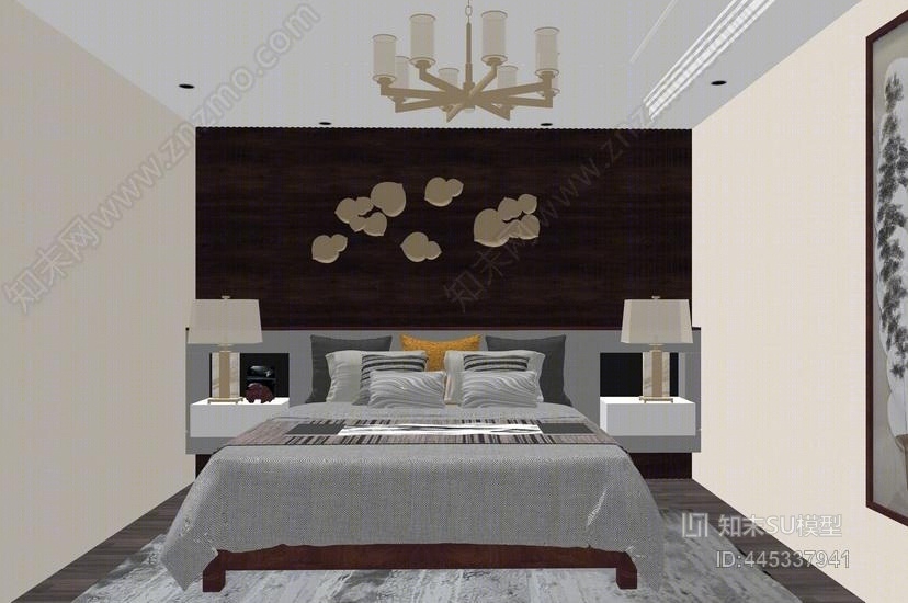新中式卧室SU模型下载【ID:445337941】