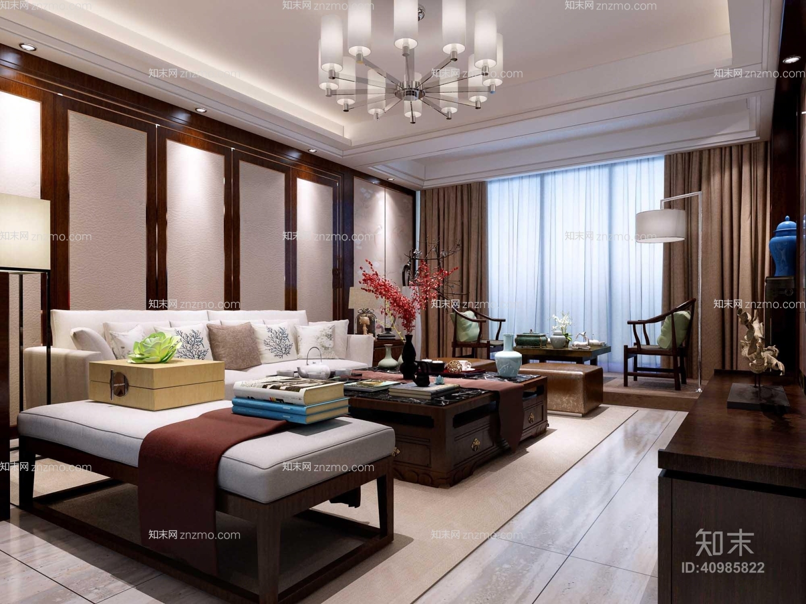 新中式白色长方形布艺沙发凳3D模型下载【ID:40985822】
