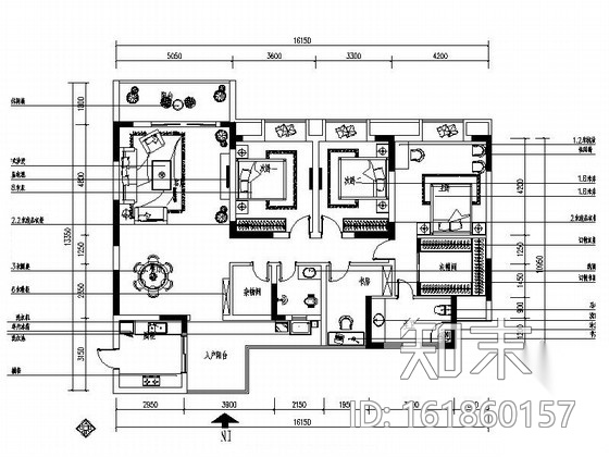 [重庆]高档住宅小区典雅中式四居室装修施工图（含效果）施工图下载【ID:161860157】