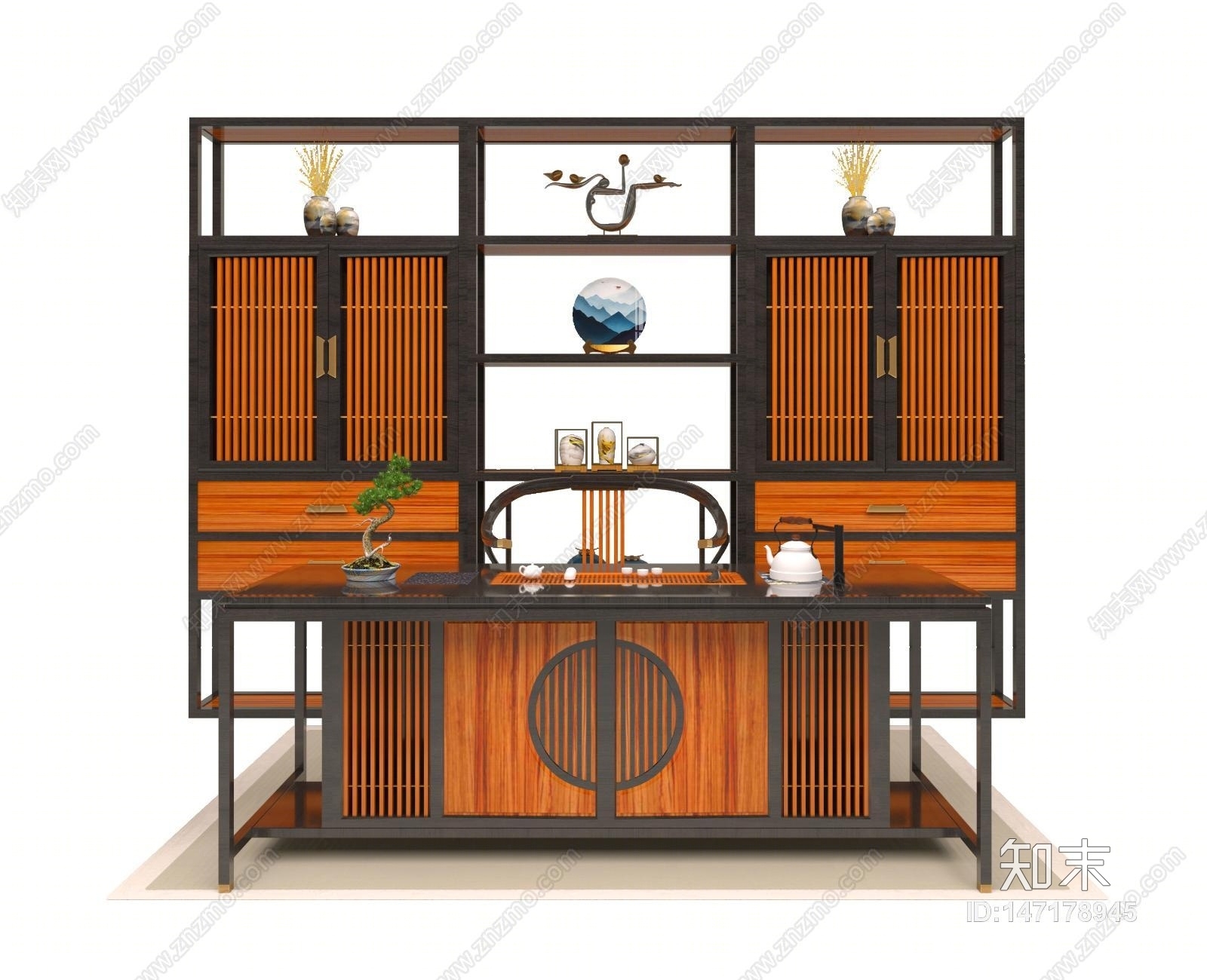 新中式茶桌组合3D模型下载【ID:147178945】