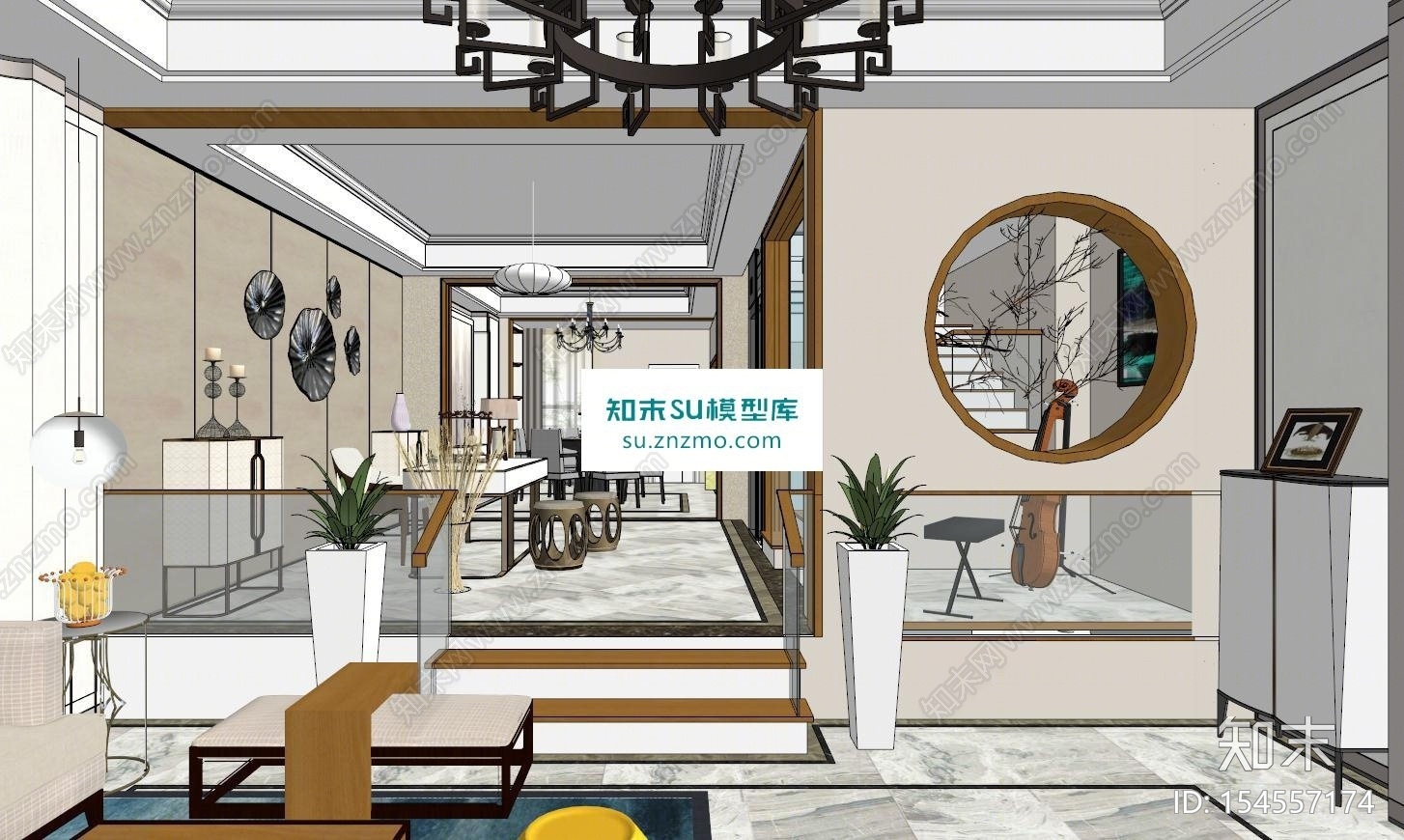 新中式别墅客餐厅书房SU模型下载【ID:154557174】