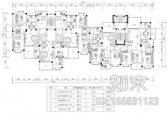 塔式高层一梯五户户型图(103/105/72/103/126)cad施工图下载【ID:166831123】