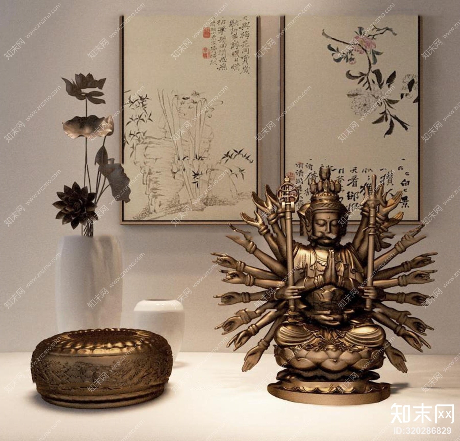 中式千手观音雕塑花瓶装饰画组合3D模型下载【ID:320286829】