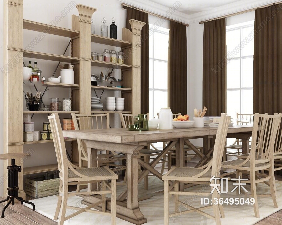 美式实木餐桌椅组合3D模型下载【ID:36495049】