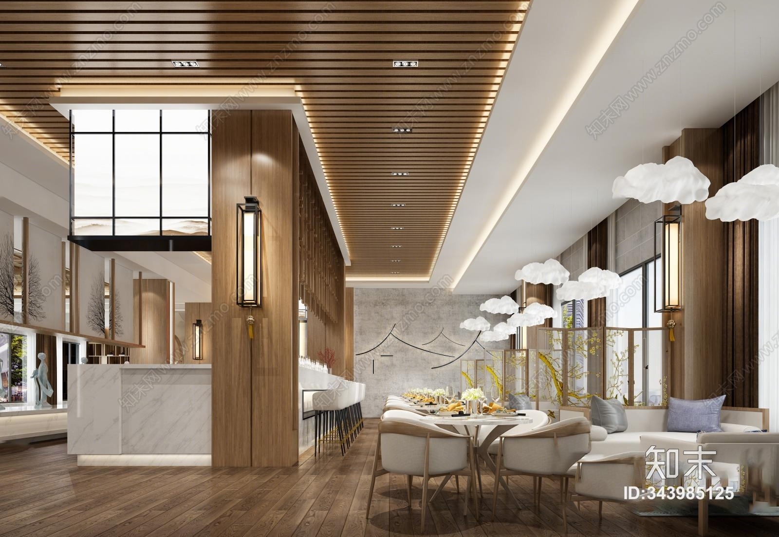 新中式休闲茶餐厅收银台创意吊灯3D模型下载【ID:343985125】