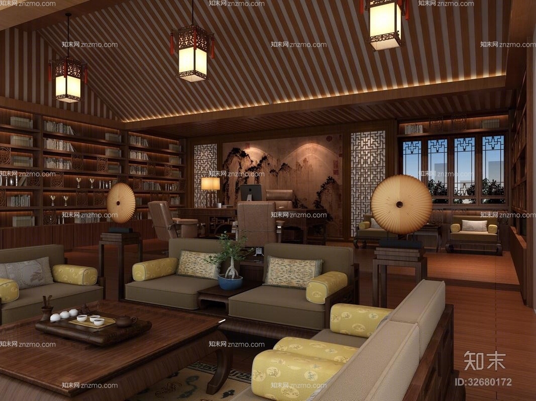 新中式木艺书桌椅组合3D模型下载【ID:32680172】