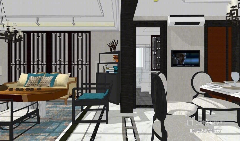 新中式公寓室内设计SU模型下载【ID:422001907】