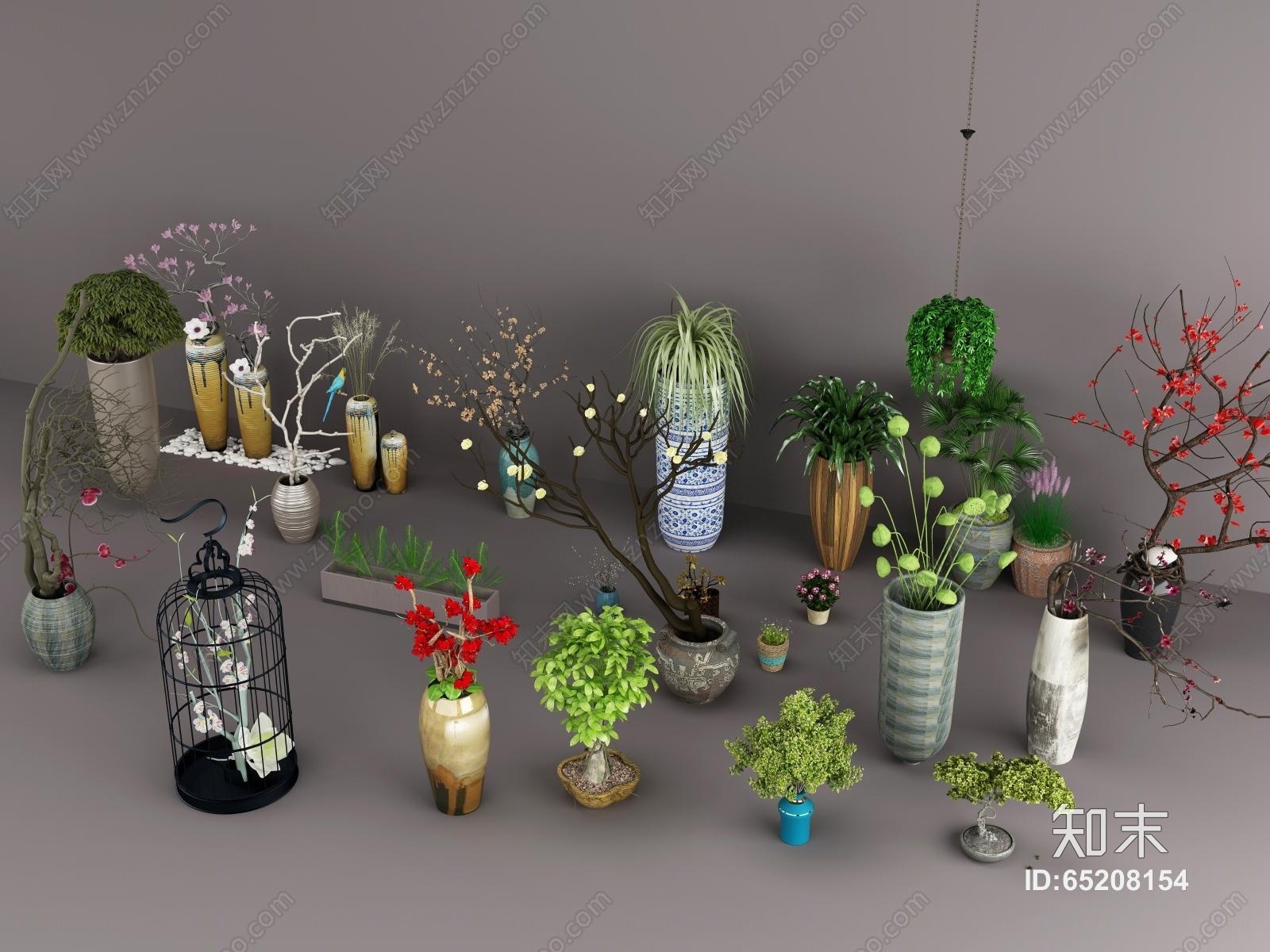 中式陶瓷花瓶干枝插花盆栽组合3D模型下载【ID:65208154】