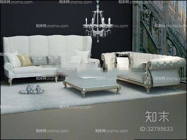 欧式简约白色皮质沙发茶几组合3D模型下载【ID:32795633】