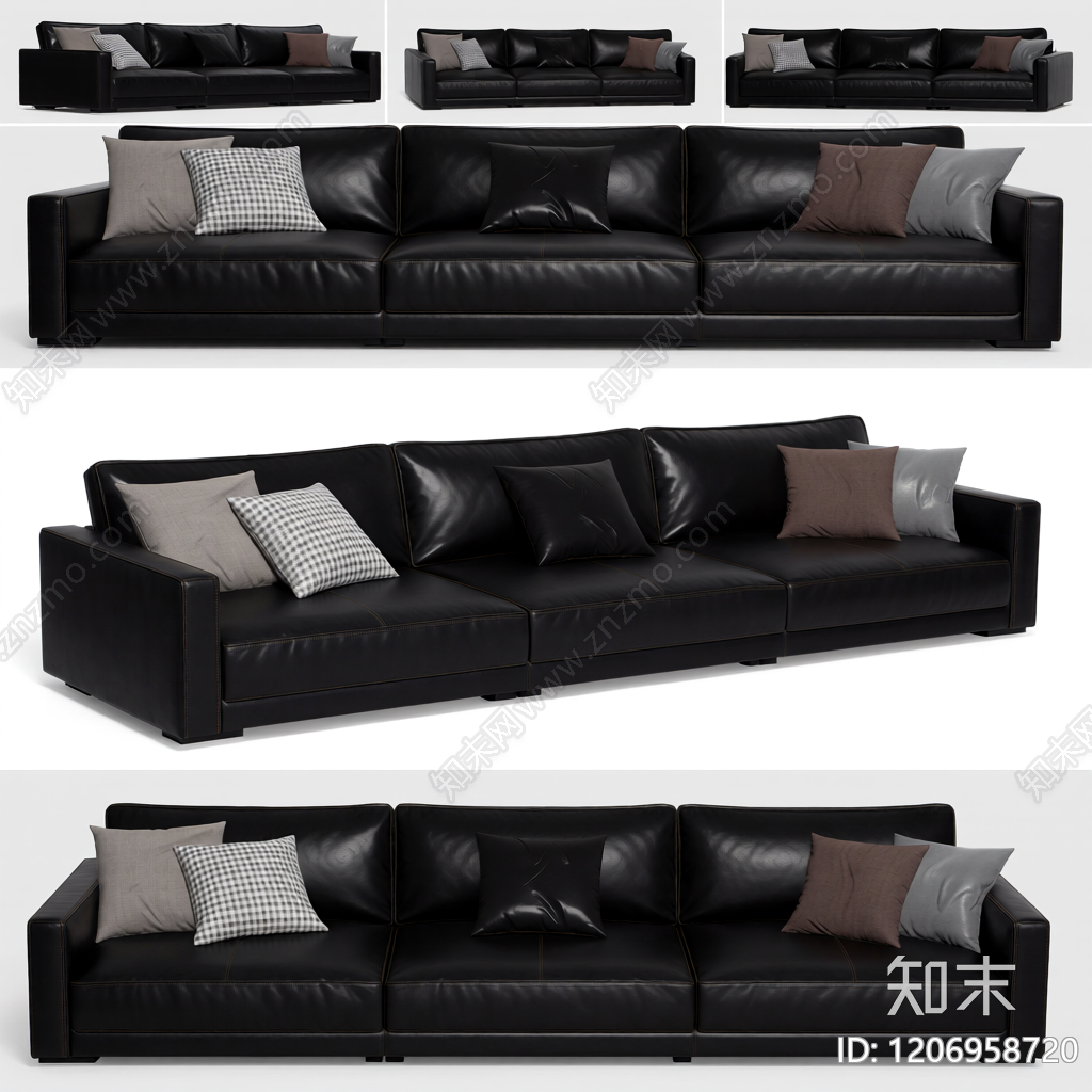 黑色皮质沙发带抱枕3D模型下载【ID:1206958720】