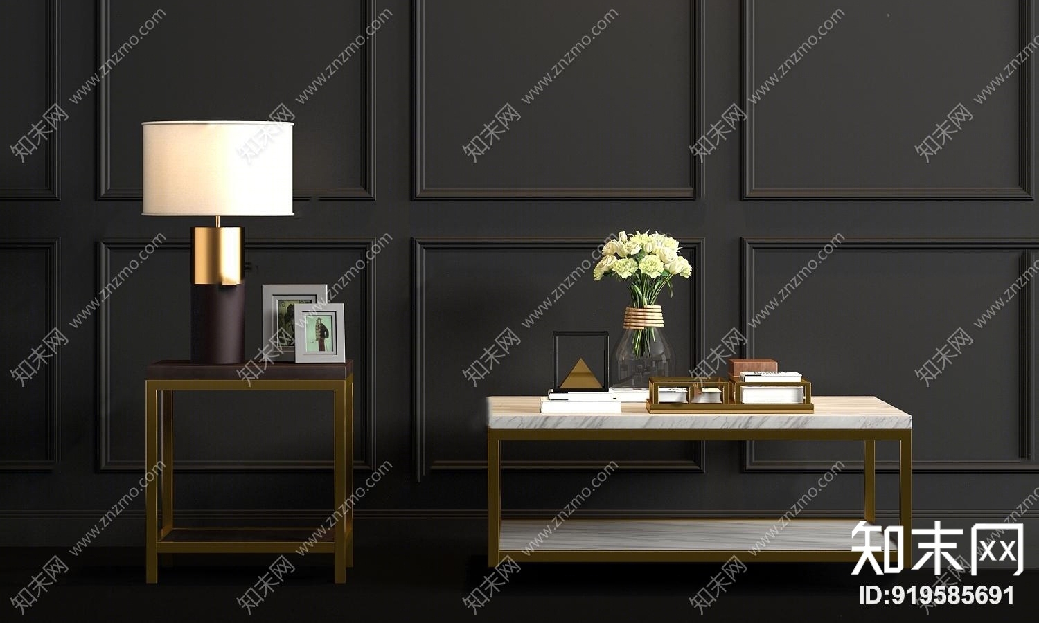 现代金属大理石茶几角几饰品组合3D模型下载【ID:919585691】
