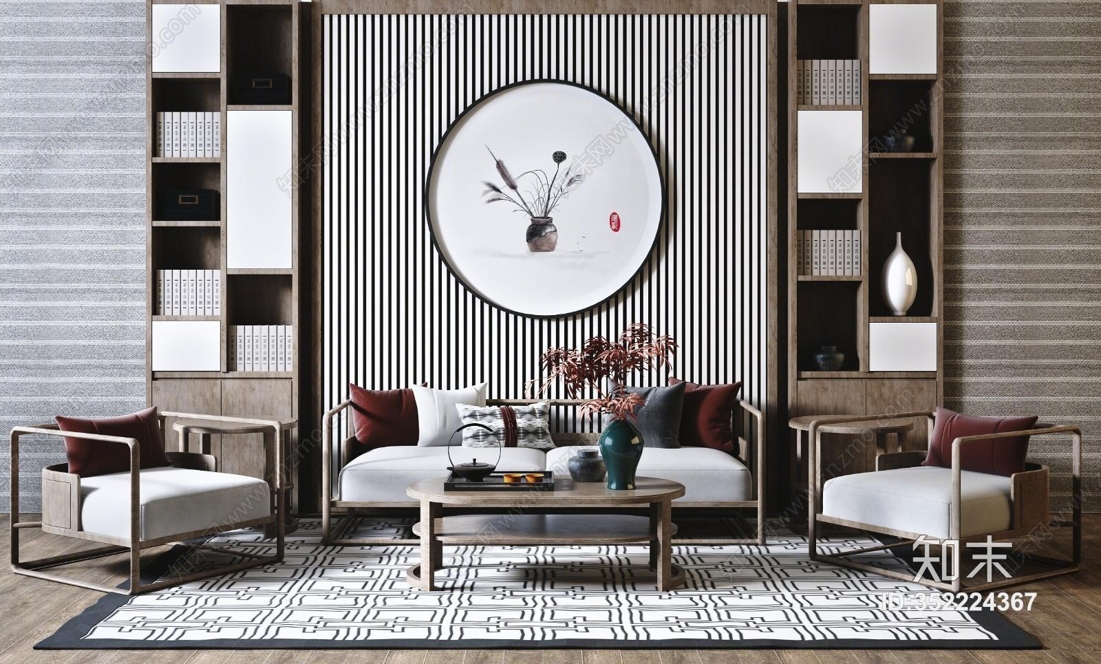 新中式禅意实木布艺沙发茶几组合3D模型下载【ID:352224367】