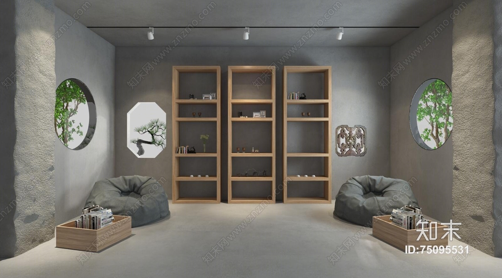 新中式家具展厅展厅阅读区中式石窗3D模型下载【ID:75095531】