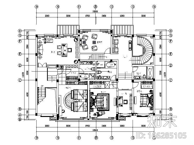 [北京]儒雅新中式2层别墅室内设计施工图（含效果图、实...cad施工图下载【ID:166285105】