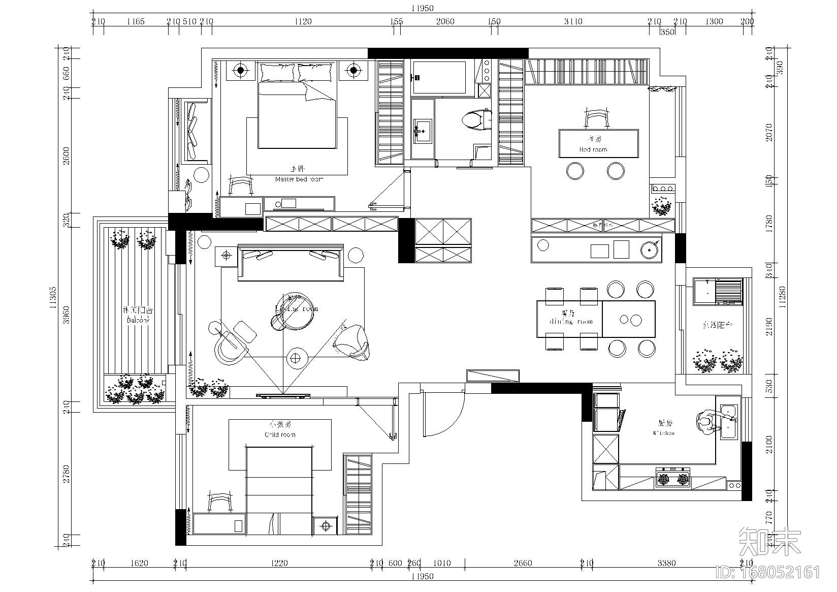 [天津]现代风格二居室紫金府施工图_3D模型cad施工图下载【ID:168052161】