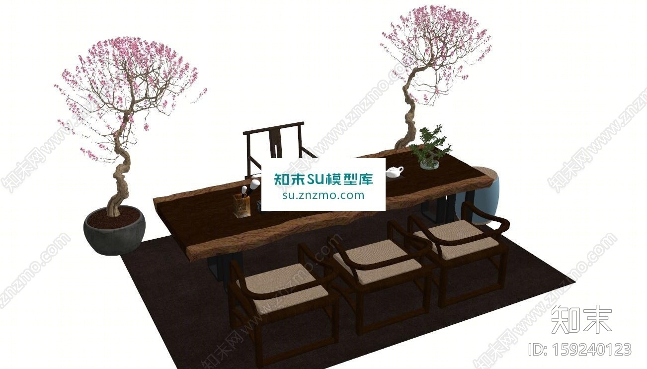新中式书桌SU模型下载【ID:159240123】
