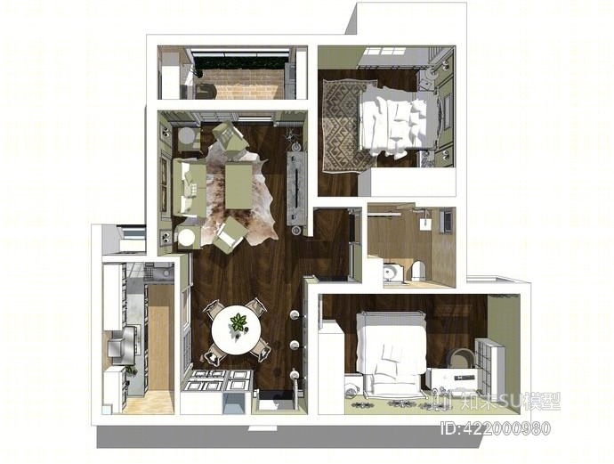 万景江城欧式风格两房两厅室内设计SU模型下载【ID:422000980】