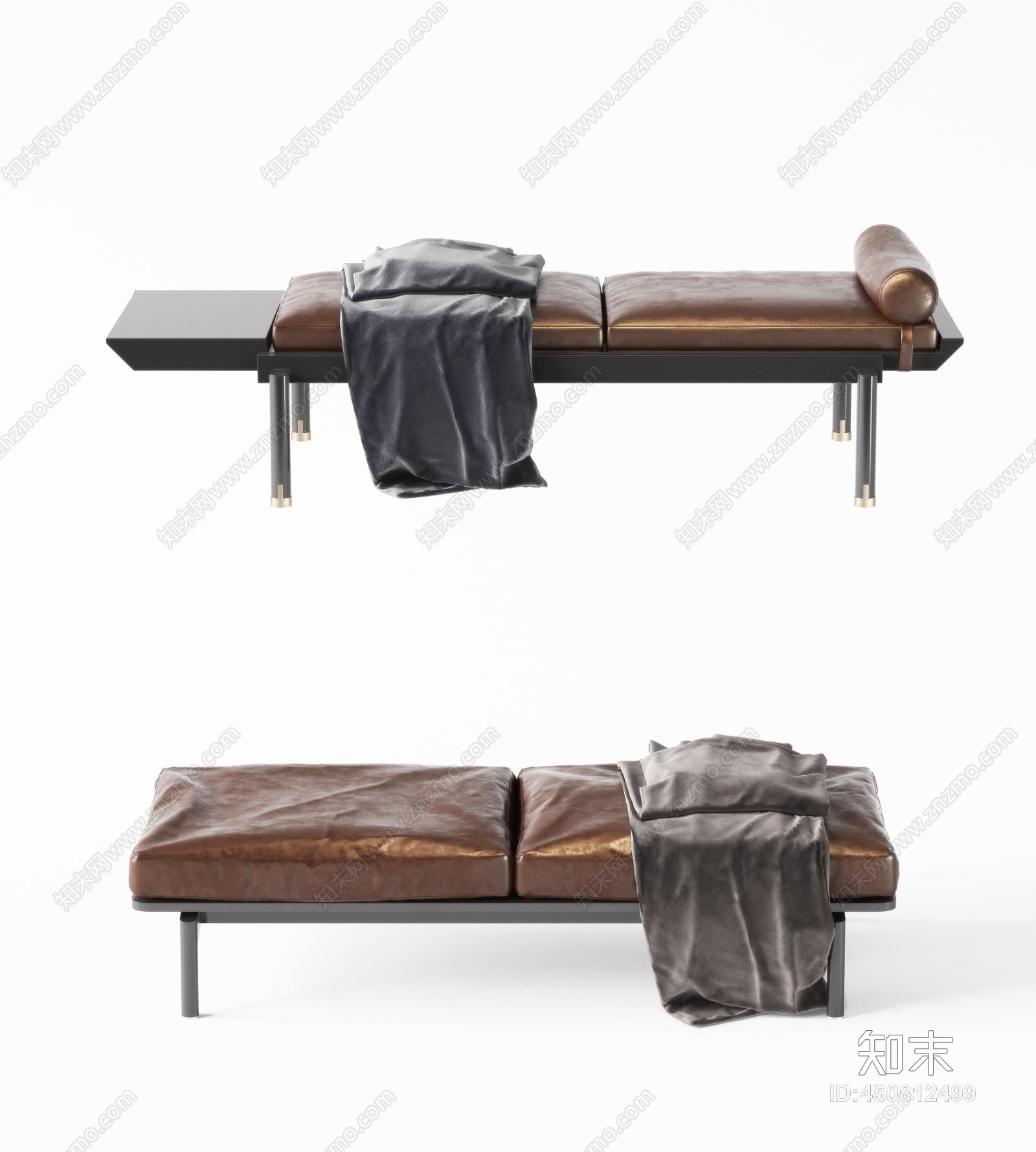 现代皮质床尾凳沙发凳组合3D模型下载【ID:450812499】