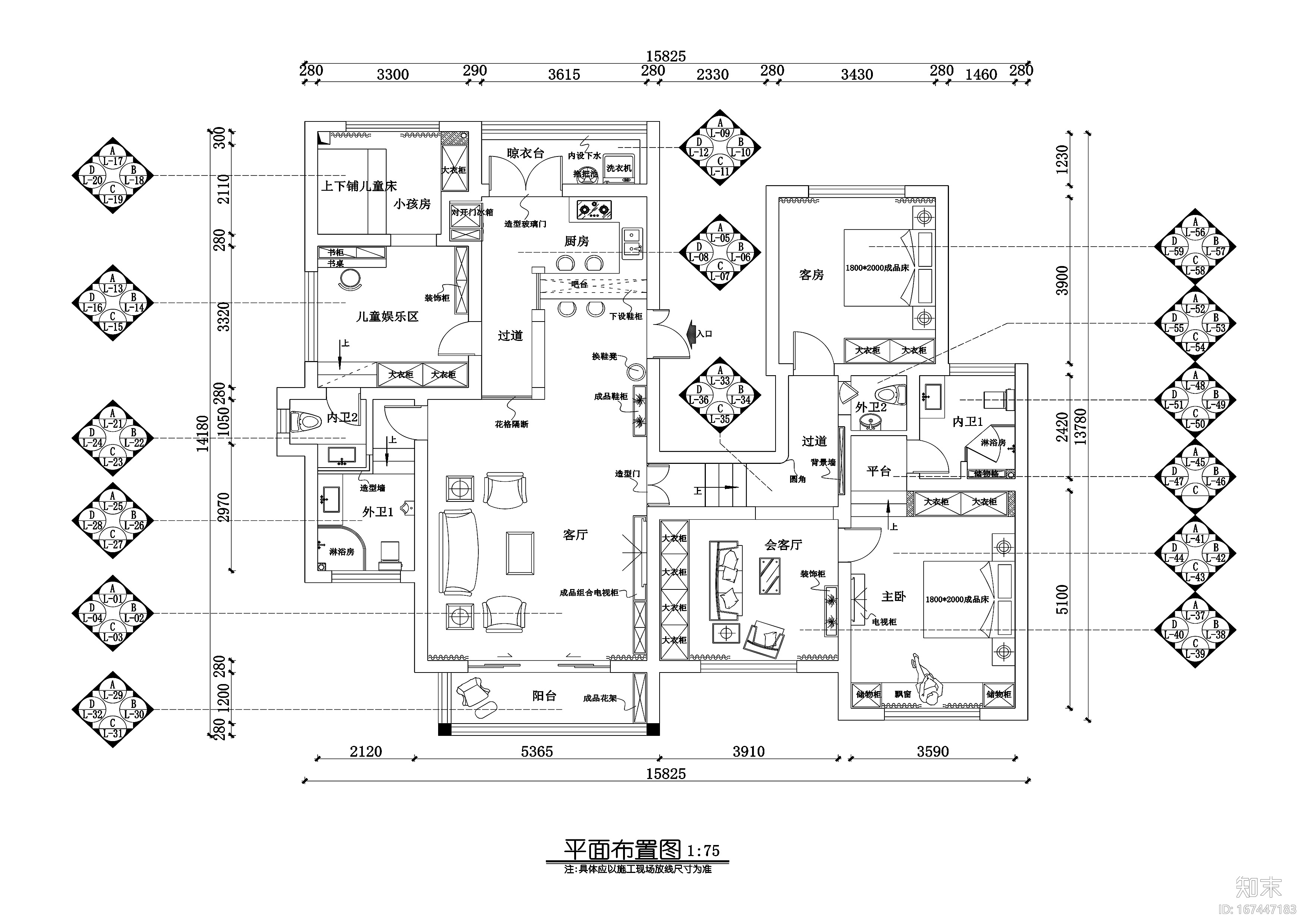 贵州兴义200平地中海风格四居室样板房图纸cad施工图下载【ID:167447183】