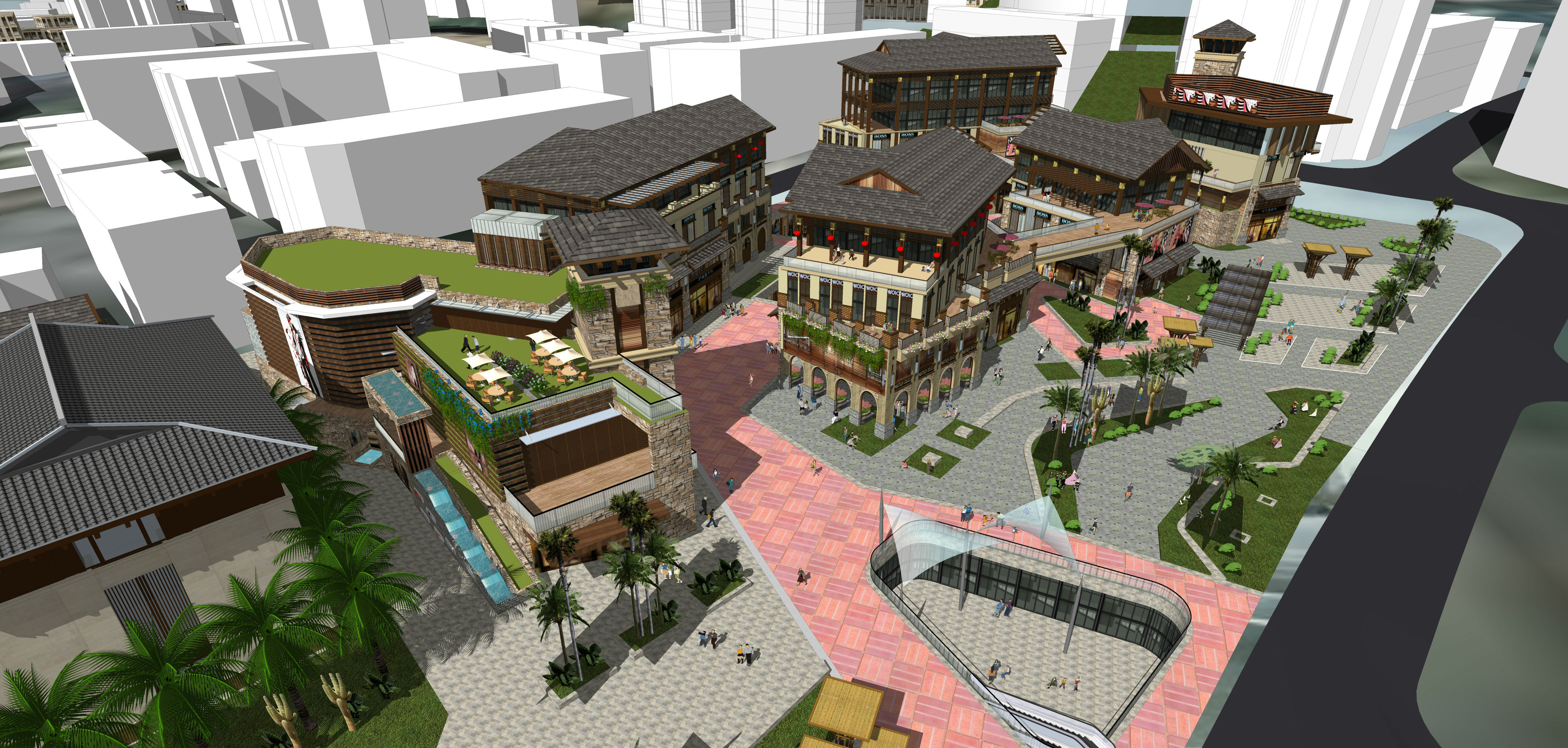 东南亚风格热带风情街建筑模型设计施工图下载【ID:166449183】