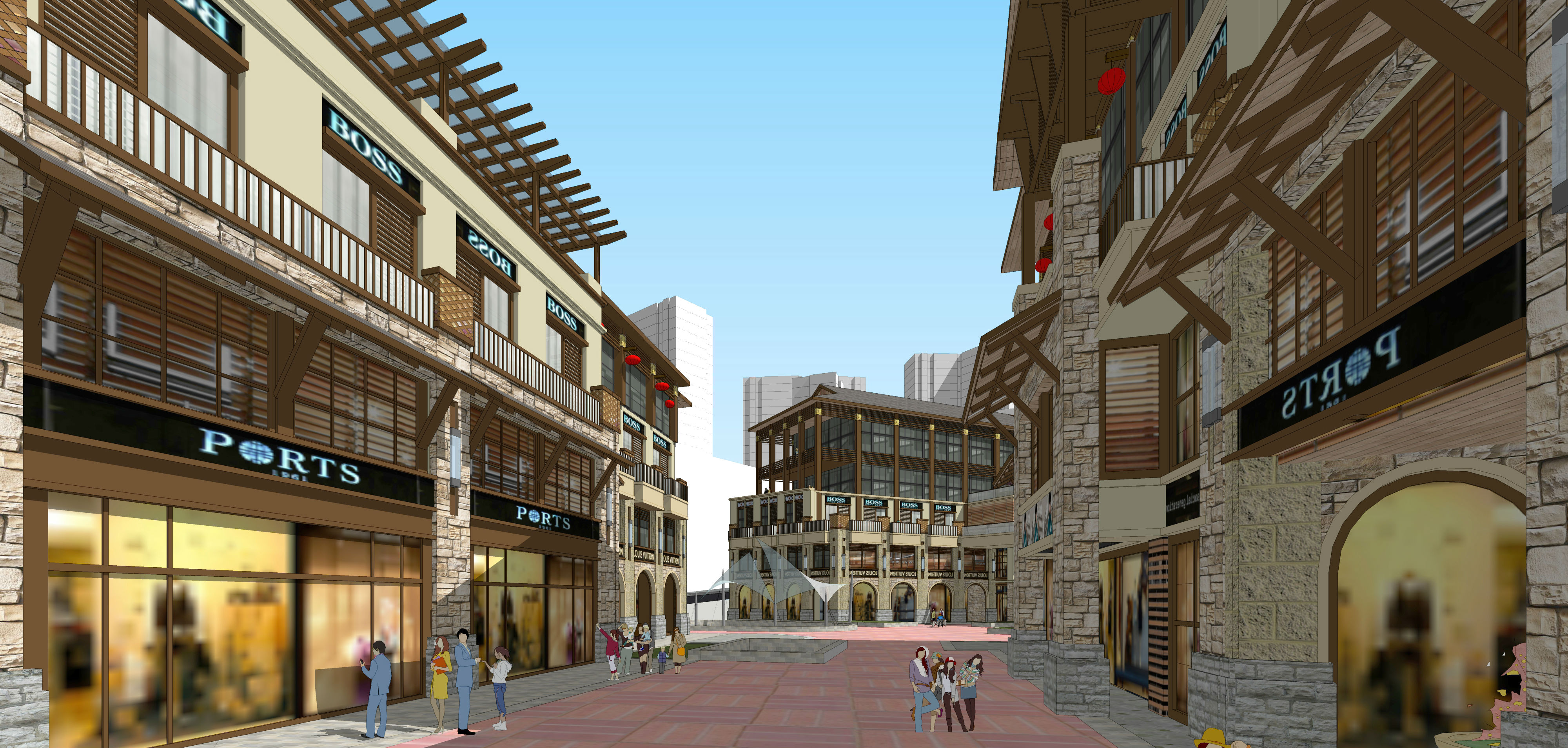 东南亚风格热带风情街建筑模型设计cad施工图下载【ID:166449183】