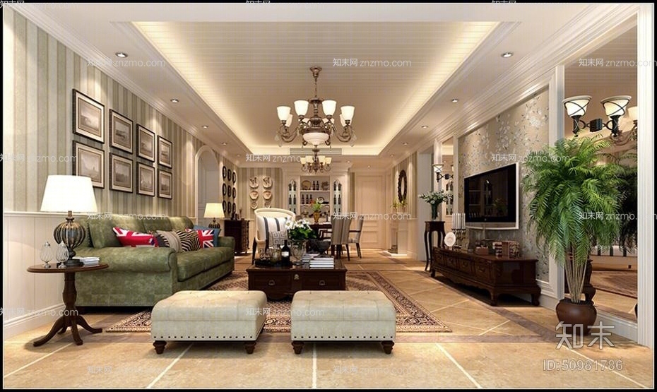 传统美式金属吊灯3D模型下载【ID:50981786】