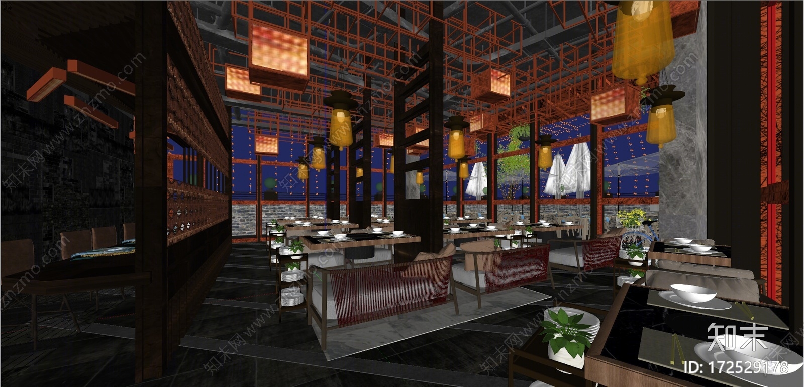 新中式特色餐厅SU模型下载【ID:172529178】