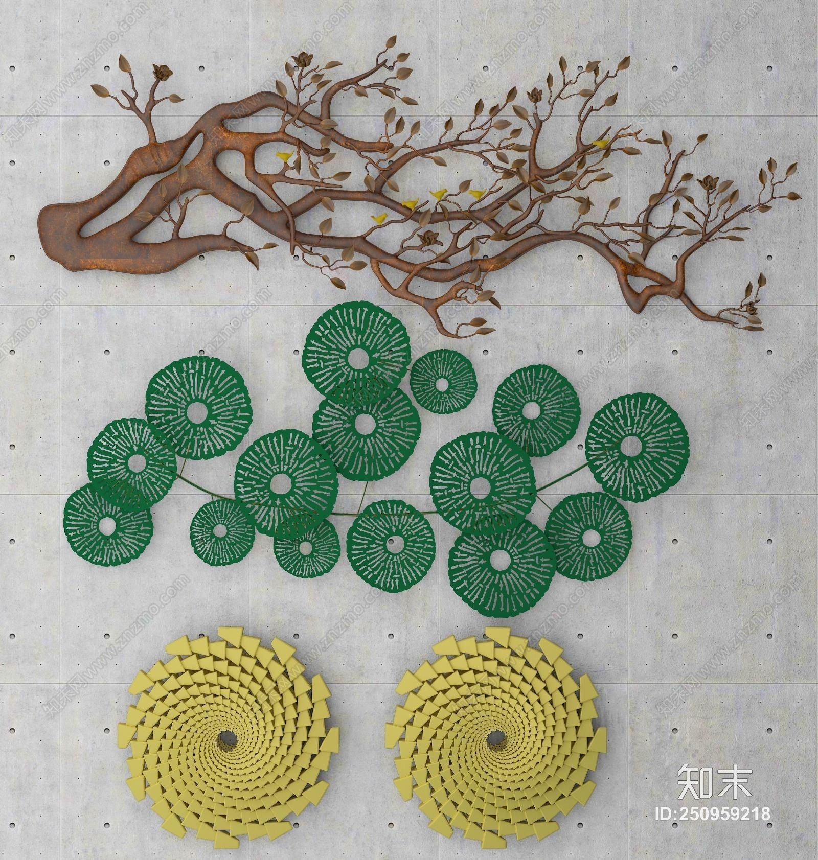 现代树枝梅花圆盘墙饰挂件3D模型下载【ID:250959218】