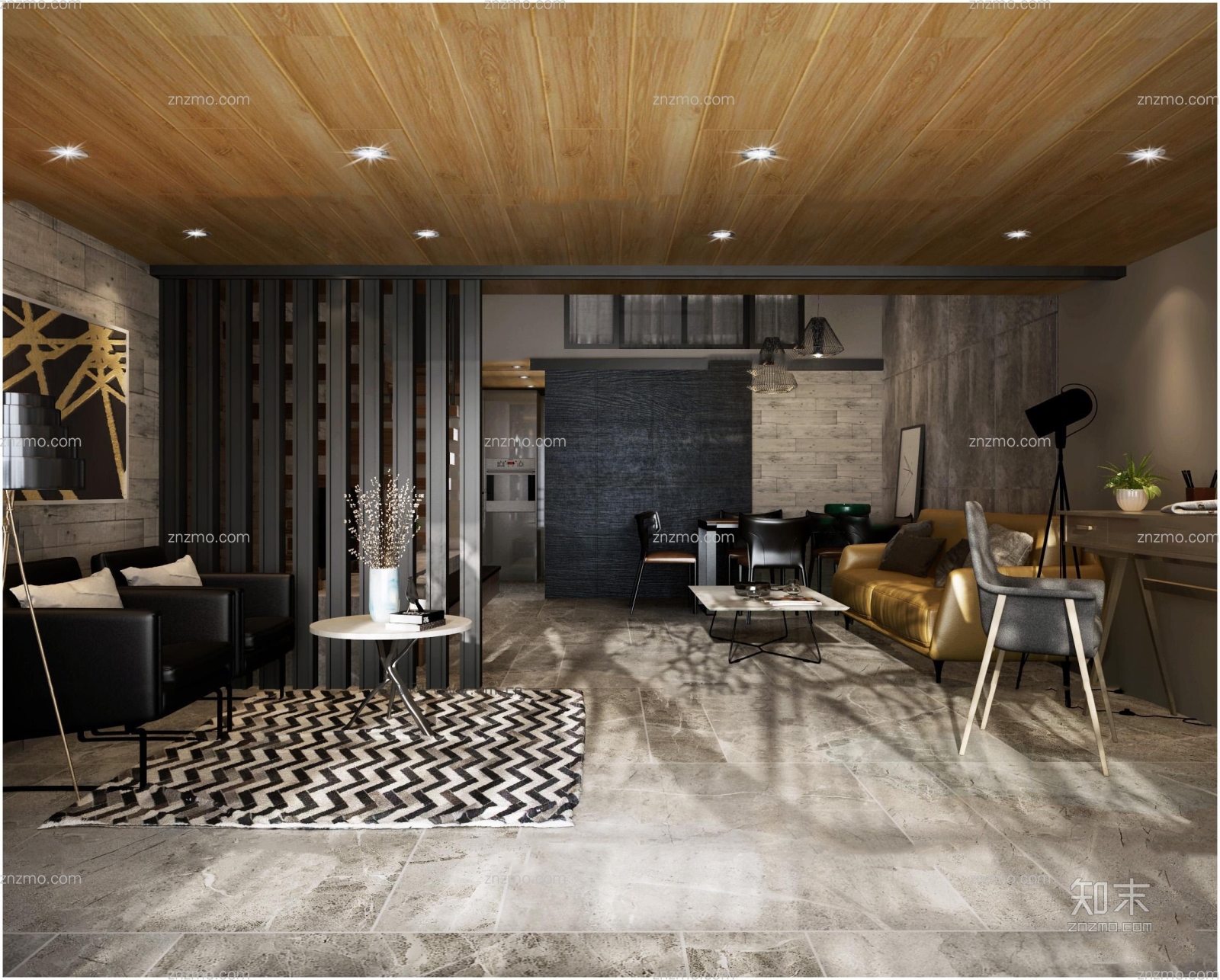 工业风复式楼客厅餐厅3D模型下载【ID:85223636】