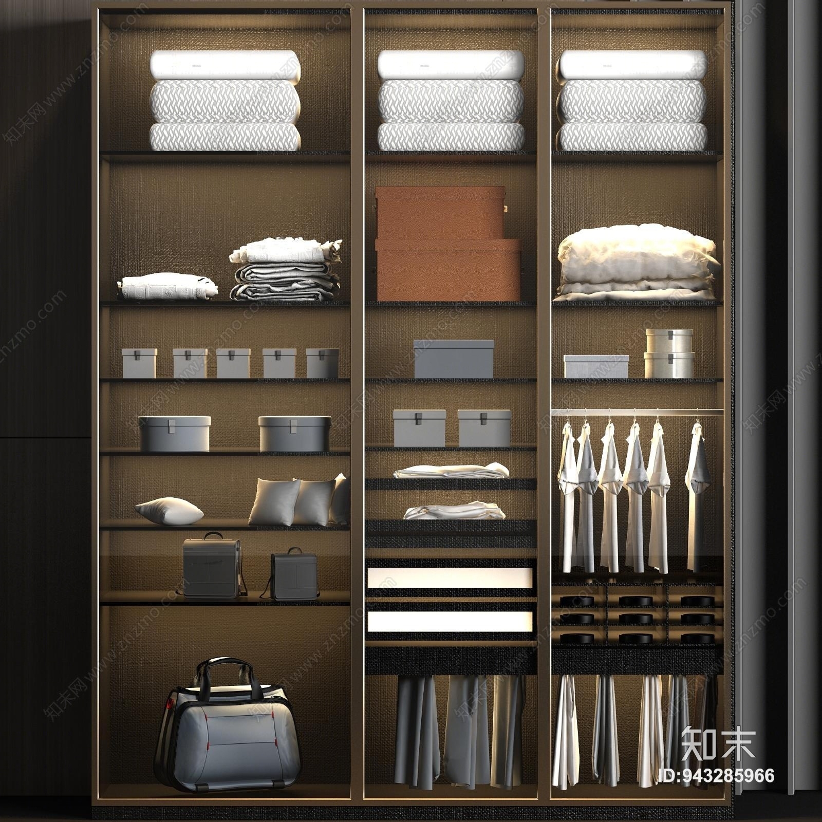 现代实木衣帽间玻璃衣柜衣服饰品组合3D模型下载【ID:943285966】