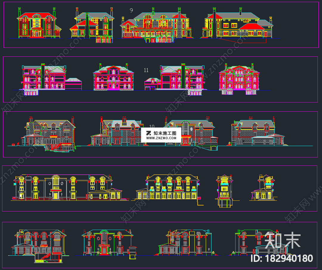 别墅外立面CAD素材，别墅外立面CAD施工图纸下载施工图下载【ID:182940180】