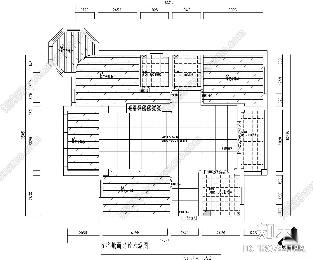 三室两厅黑白经典住宅装修施工图设计施工图下载【ID:180744188】