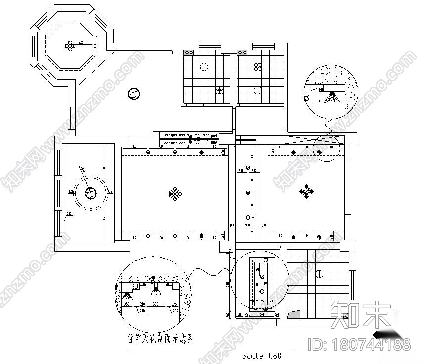 三室两厅黑白经典住宅装修施工图设计施工图下载【ID:180744188】