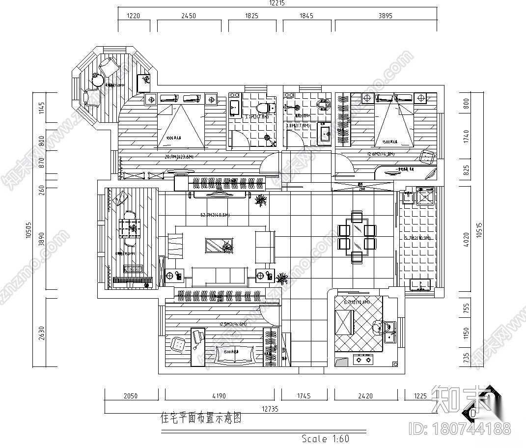 三室两厅黑白经典住宅装修施工图设计施工图下载【ID:180744188】