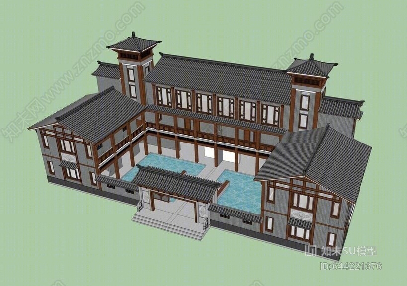中式博物馆建筑SU模型下载【ID:644221376】