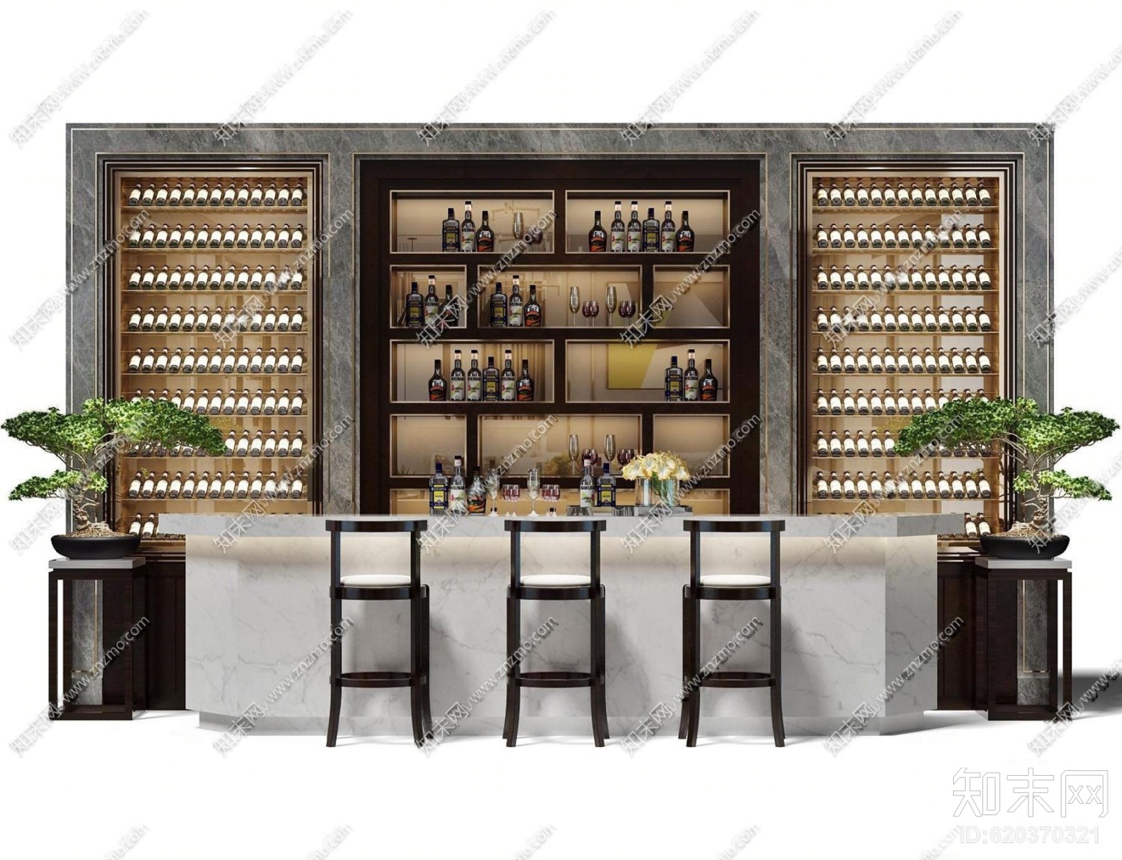 简欧吧台椅酒柜摆件组合3D模型下载【ID:620370321】