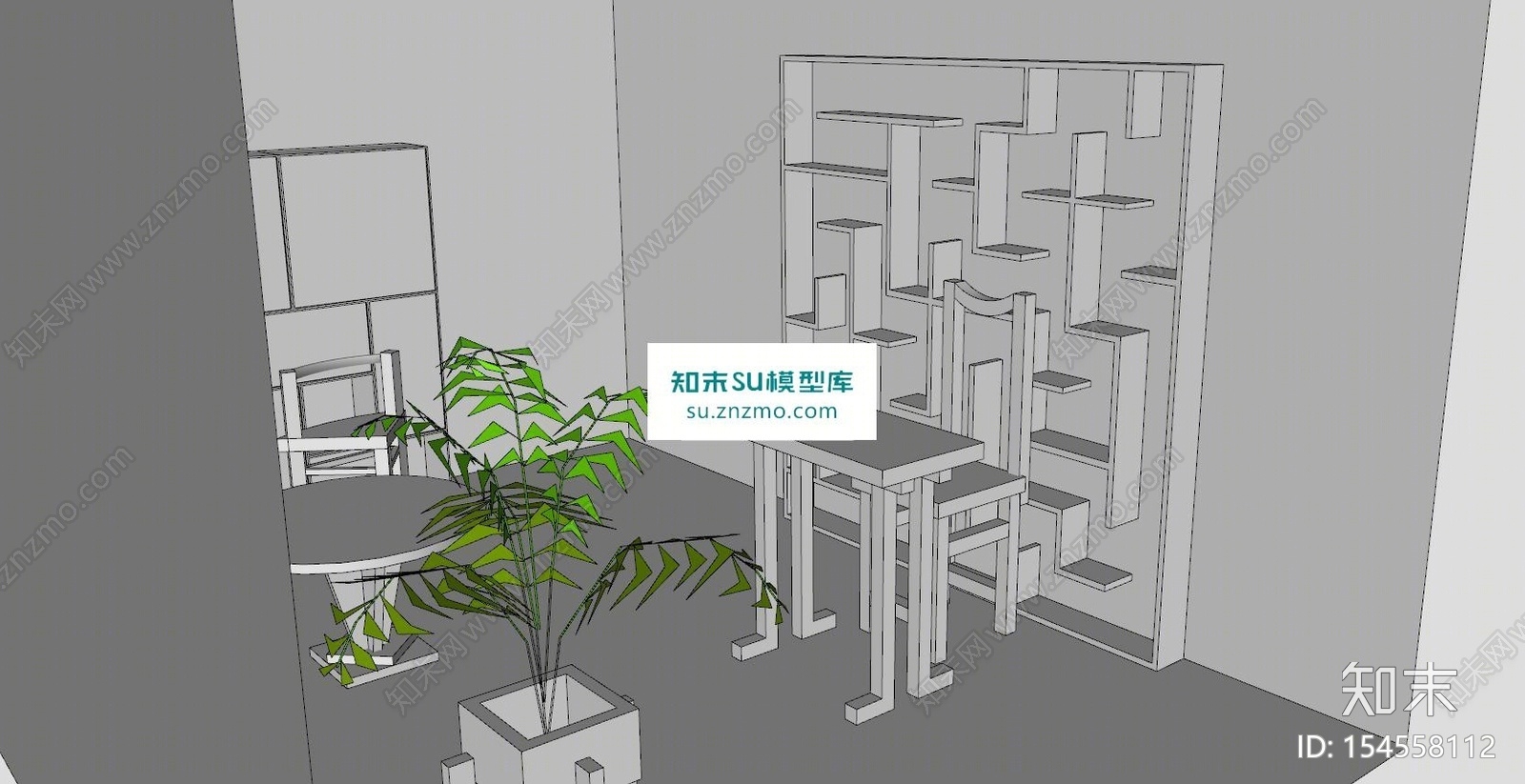 现代白色书房设计SU模型下载【ID:154558112】