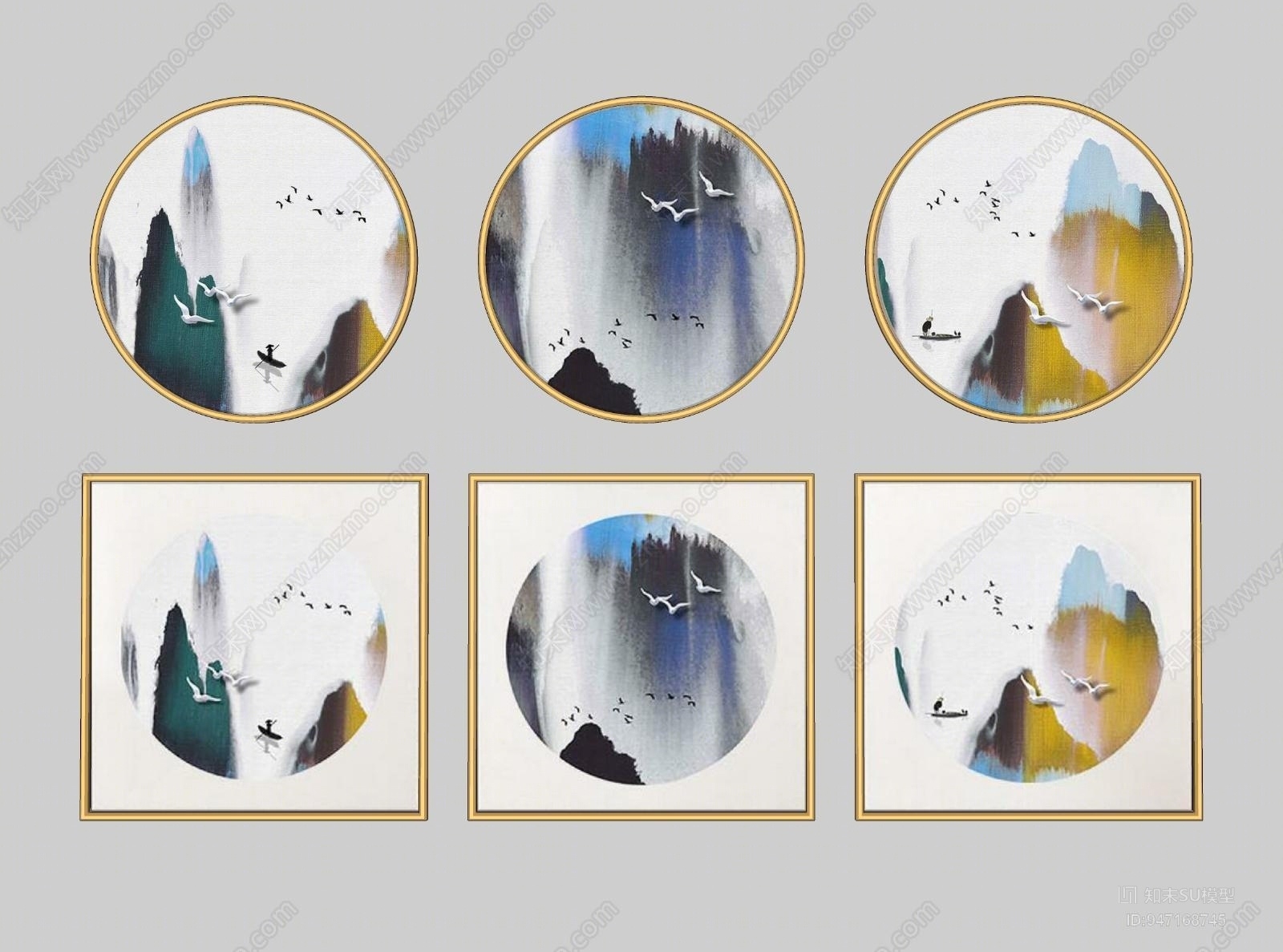 新中式水墨山水飞鸟装饰画SU模型下载【ID:947168745】